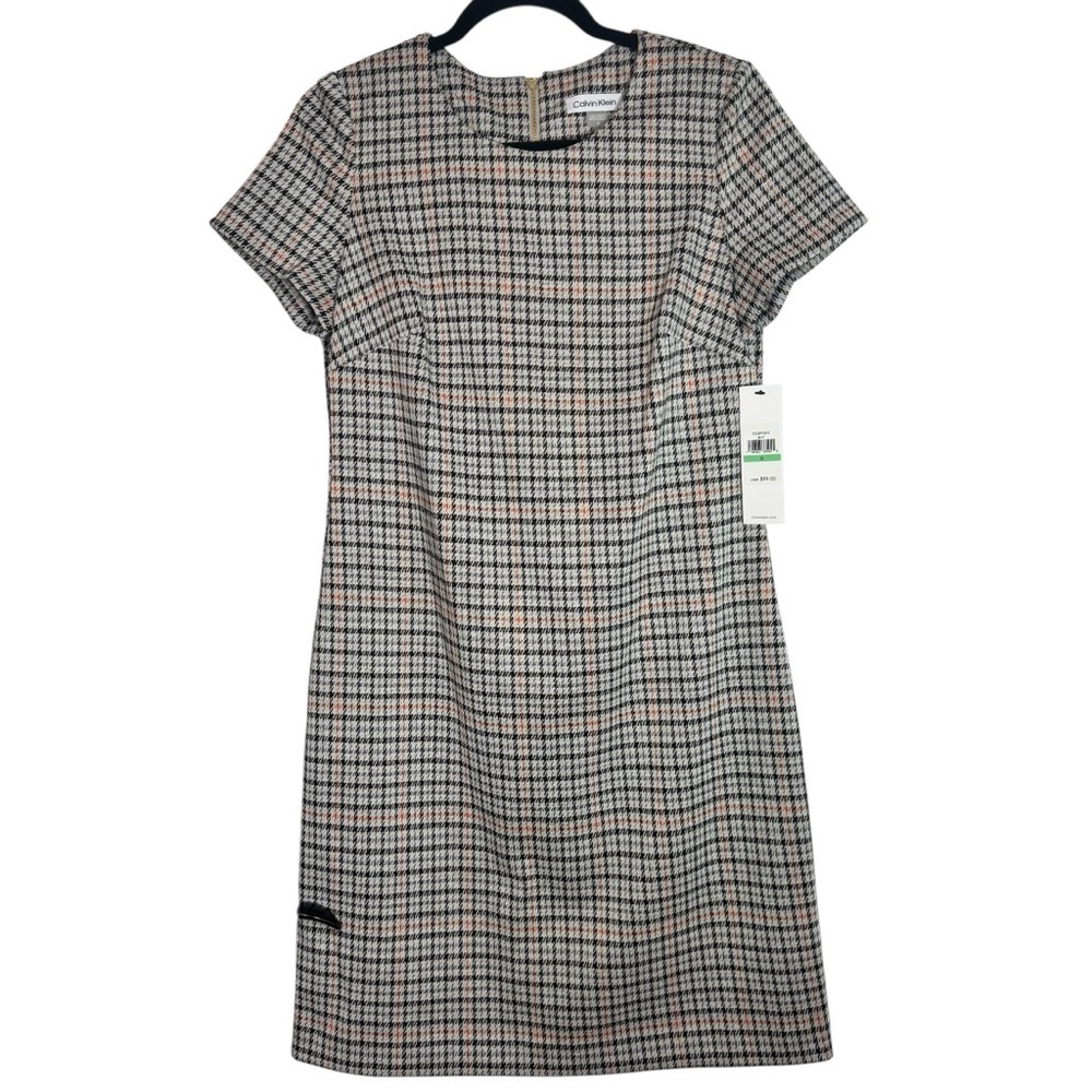 NWT Calvin Klein Black White and Rust Plaid Sheath Dress Size 8